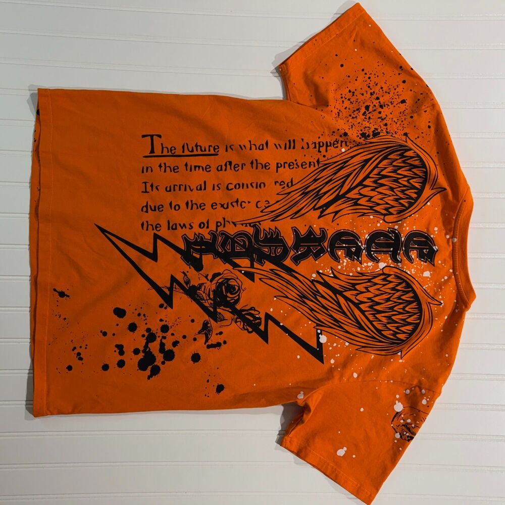Smoke Rise Y2K Rhinestone Skull Patchwork Graphic Tee Orange Streetwear L